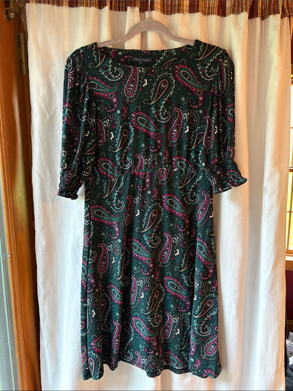 Tommy Hilfiger Green Paisley Midi Dress with Pink Accents